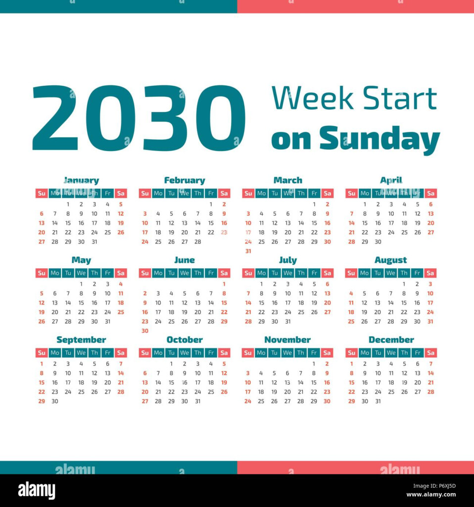 Simple 2030 Year Calendar Week Starts On Sunday Stock Vector Image  - 2030 Calendar With Week Numbers