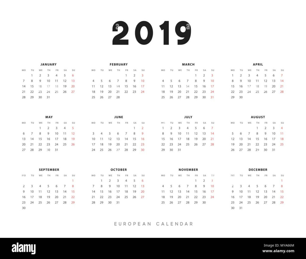 Simple European Calendar For 2019 Years Week Starts On Monday Stock  - European Calendar 2019 With Week Numbers