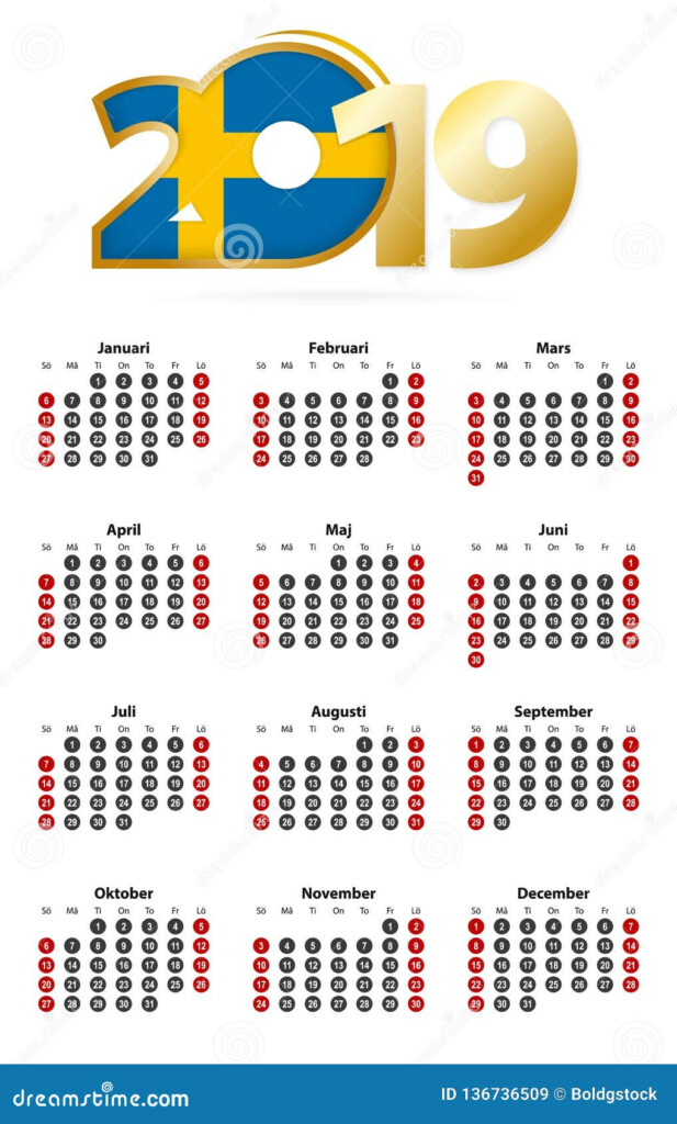 Swedish Calendar 2019 With Numbers In Circles Week Starts On Sunday  - Swedish Calendar 2019 With Week Numbers