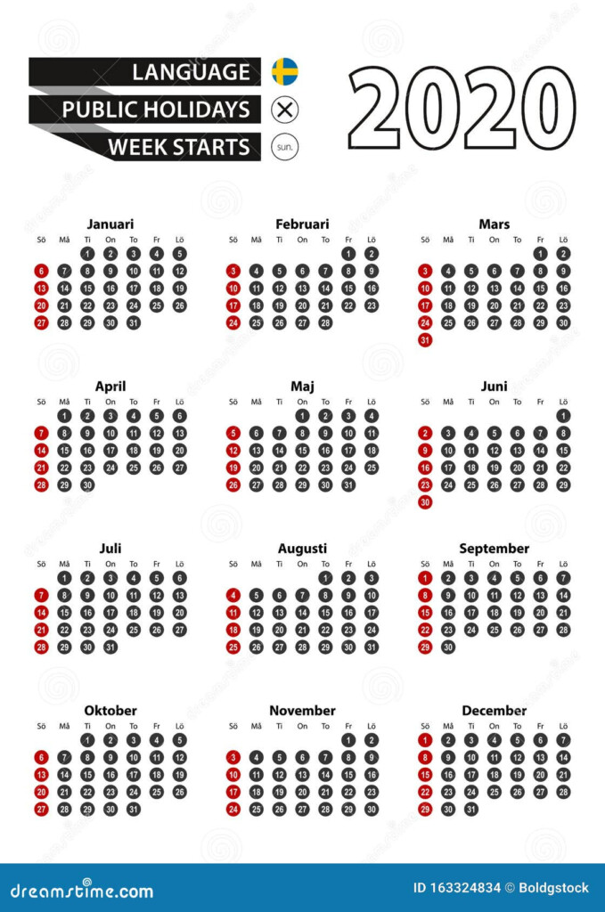 Swedish Calendar 2020 With Numbers In Circles Week Starts On Sunday  - Swedish Calendar 2020 With Week Numbers