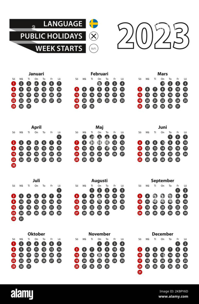 Swedish Calendar 2023 With Numbers In Circles Week Starts On Sunday  - Sweden Calendar Week Numbers