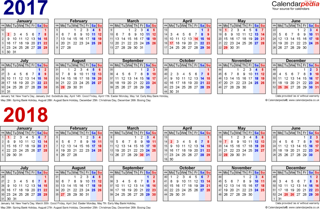 Two Year Calendars For 2017 And 2018 UK For Microsoft Excel - 2017 And 2018 Calendar With Week Numbers