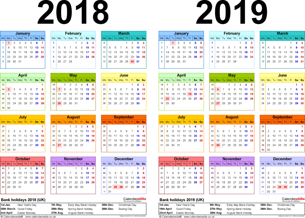 Two Year Calendars For 2018 And 2019 UK For Microsoft Word - Year Calendar 2018 2019 With Holidays And Week Numbers