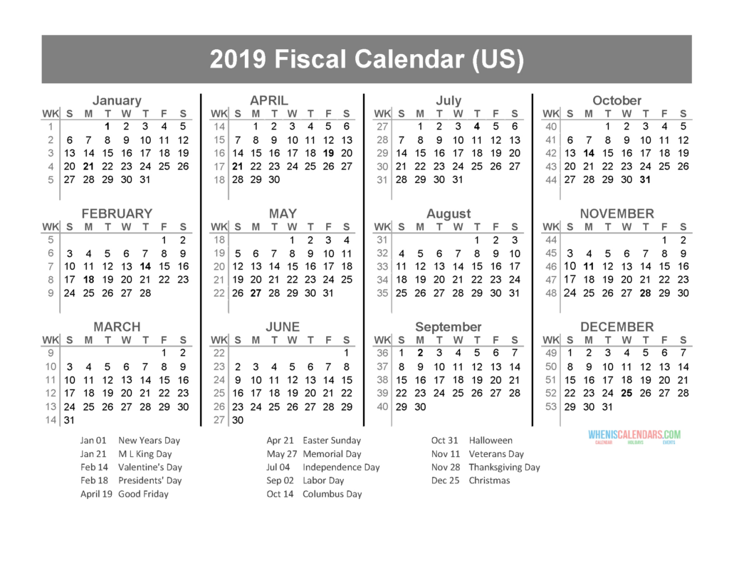 Us Financial Calendar Week Numbers - 2019 Fiscal Year Calendar With Week Numbers