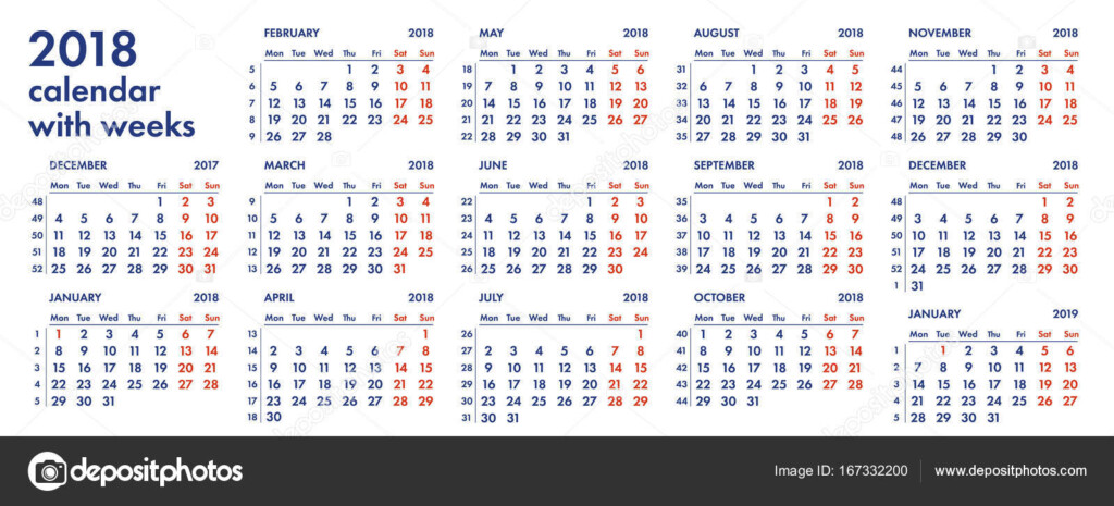 Week Number Calendar Time Table - 2018 Calendar Showing Numbered Weeks