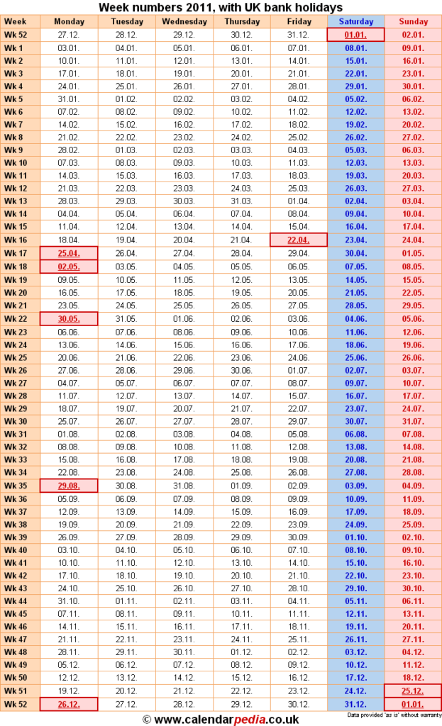 Week Numbers 2011 With UK Bank Holidays - Calendar Week Numbers 2011