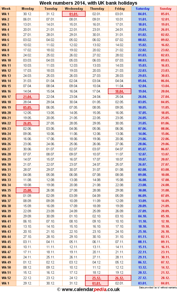 Week Numbers 2014 With Excel Word And PDF Templates - Calendar With Week Numbers 2014 Uk