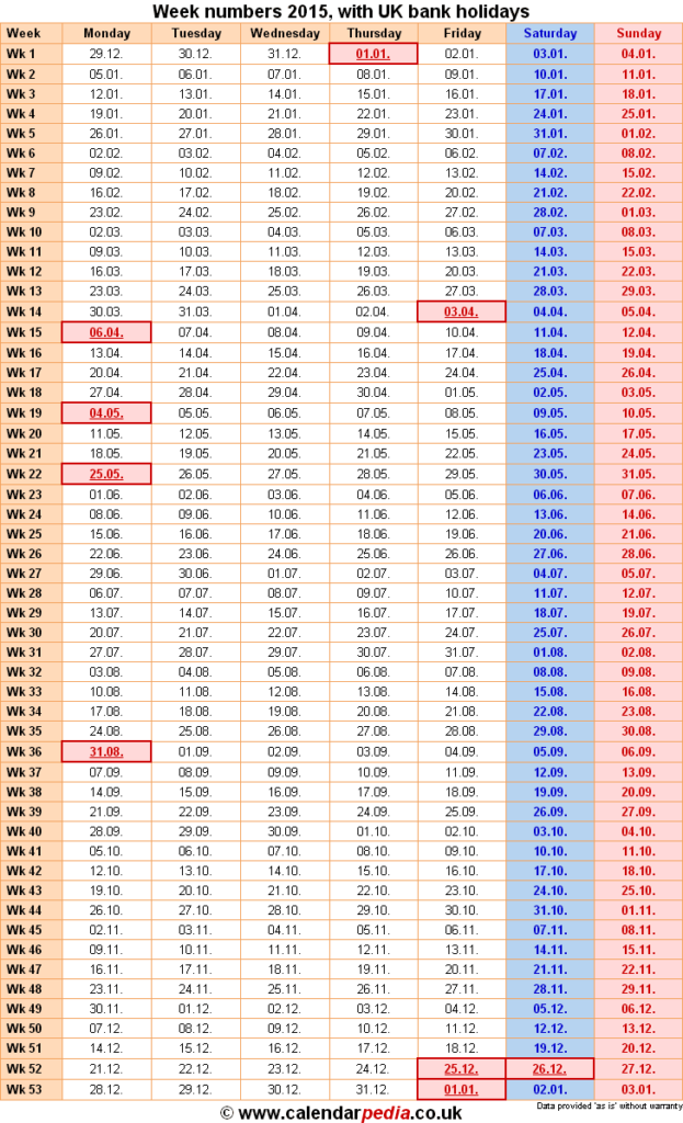 Week Numbers 2015 With Excel Word And PDF Templates - Excel Calendar With Week Numbers 2015