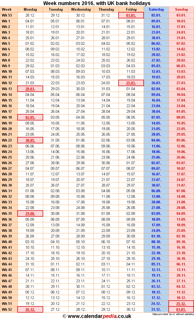 Week Numbers 2016 With Excel Word And PDF Templates - Calendar Showing Week Numbers 2016