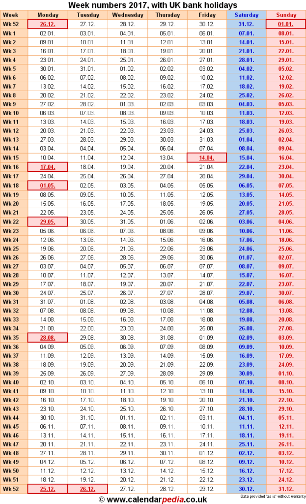 Week Numbers 2017 With Excel Word And PDF Templates - Calendar Showing Week Numbers 2017