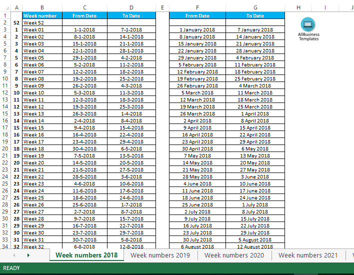 Week Numbers 2018 Templates At Allbusinesstemplates - 2018 Calendar With Week Numbers Excel Free Download