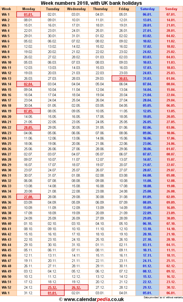 Week Numbers 2018 With Excel Word And PDF Templates - Calendar With Week Numbers 2018 Uk