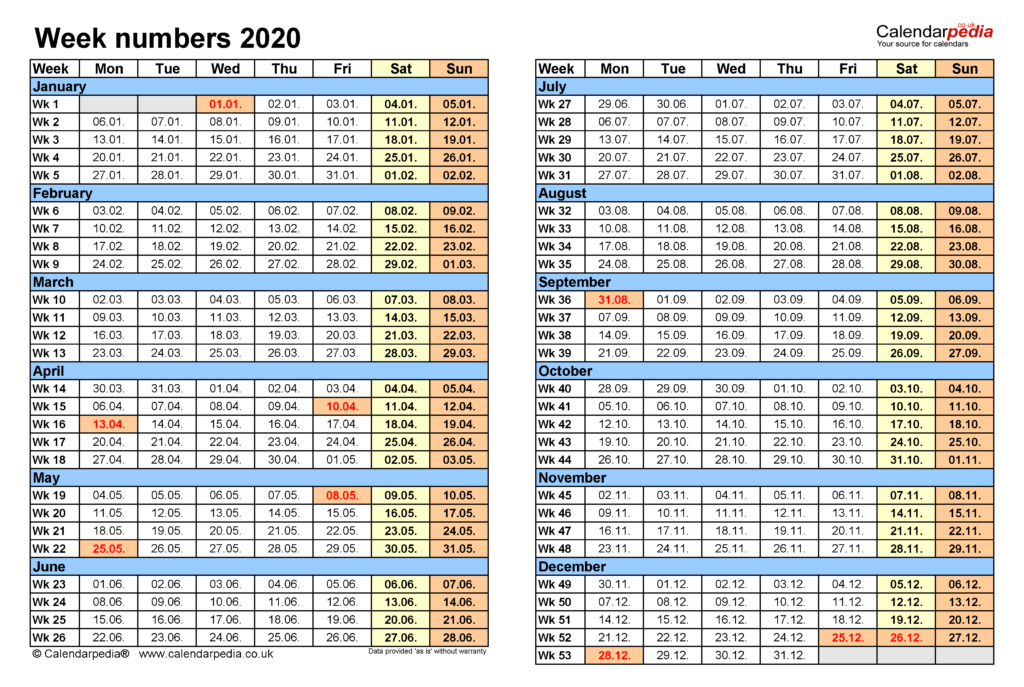 Week Numbers 2020 With Excel Word And PDF Templates - Calendar With Week Numbers 2020 Excel