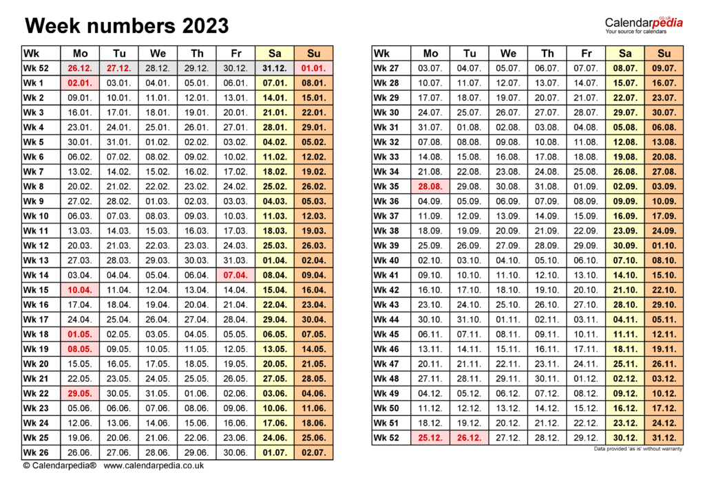 Week Numbers 2023 With Excel Word And PDF Templates - Calendar With Week Numbers And Months