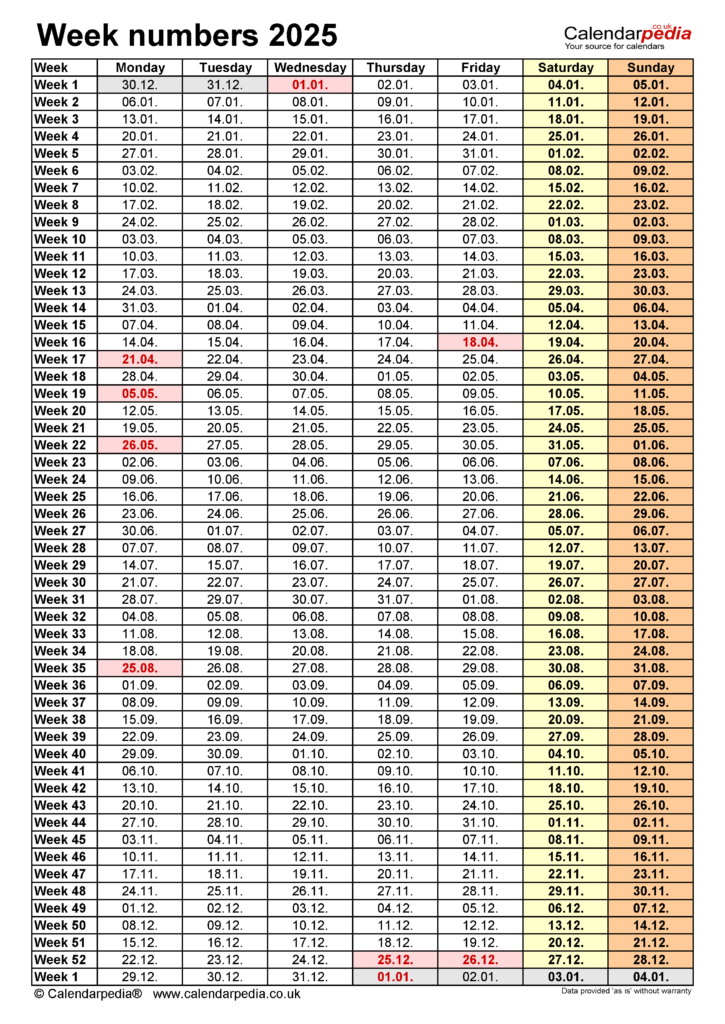 Week Numbers 2025 With Excel Word And PDF Templates - 2025 Business Calendar Week Numbers