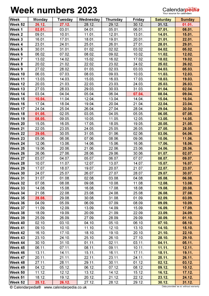 Week Of The Year Chart - Week Days Numbers In Usa Calendar