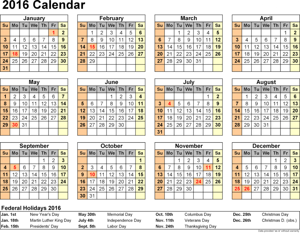 Weekly Calendar 2016 Excel PDF Word - 2016 Calendar Excel With Week Numbers