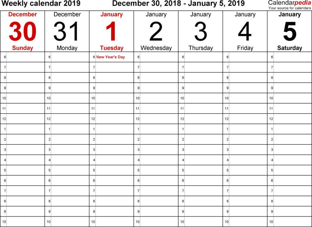 Weekly Calendars 2019 For Excel 12 Free Printable Templates - Calendar 2019 With Time Slots Calendar With Weeks Numbers