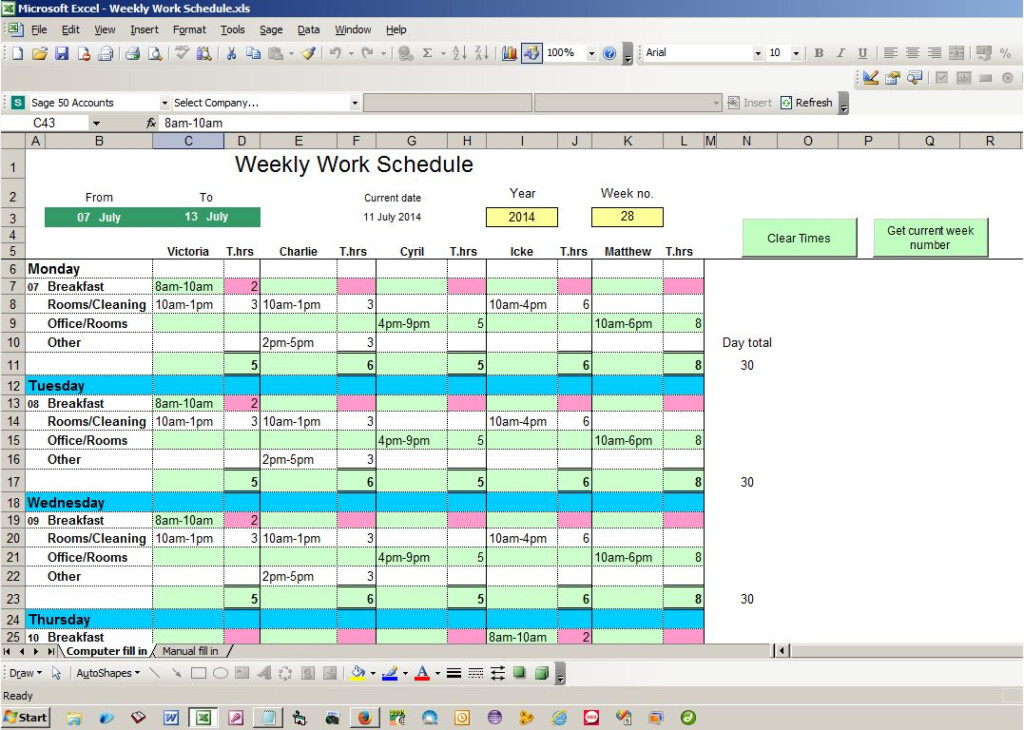 Weekly Work Schedule Excel Spreadsheet Free Source Code Tutorials  - 2014 Calendar With Work Week Numbers