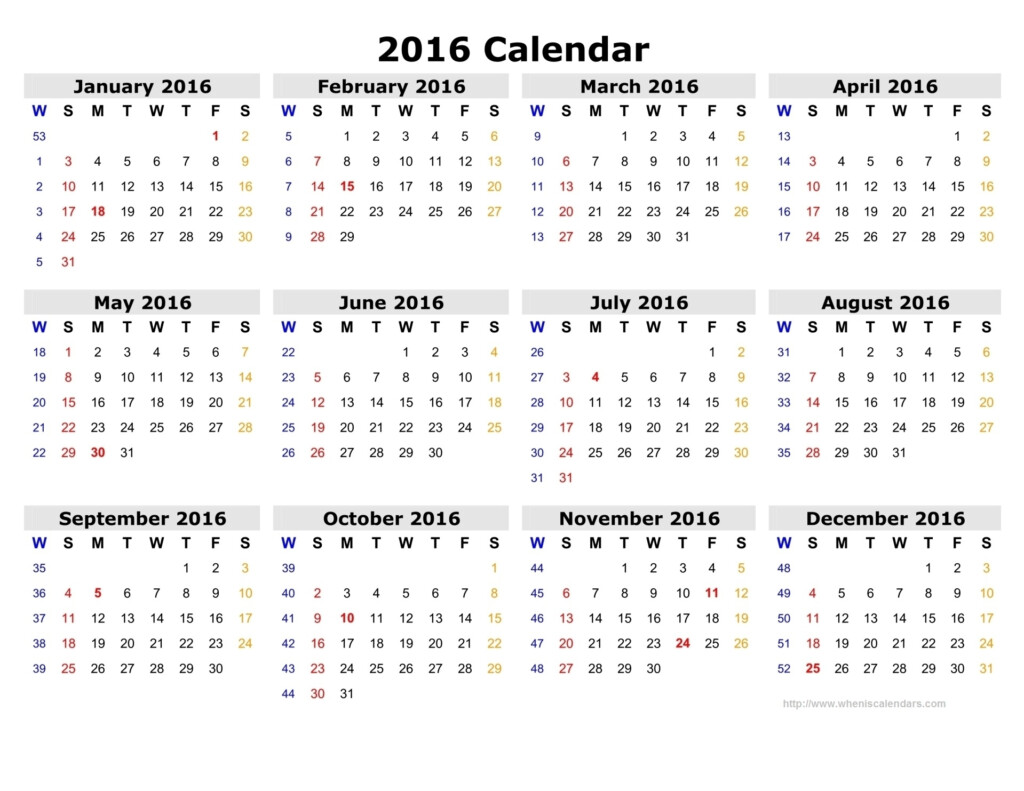 Year Calendar Showing Weeks Month Calendar Printable - 12 Month Calendar 2016 With Week Numbers