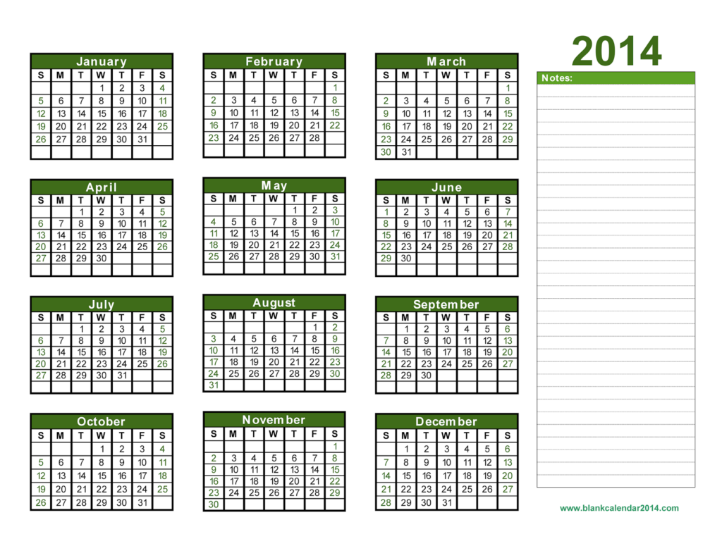 Yearly Calendar 2014 Printable Calendar 2014 Blank Calendar 2014  - 2014 Yearly Calendar With Week Numbers