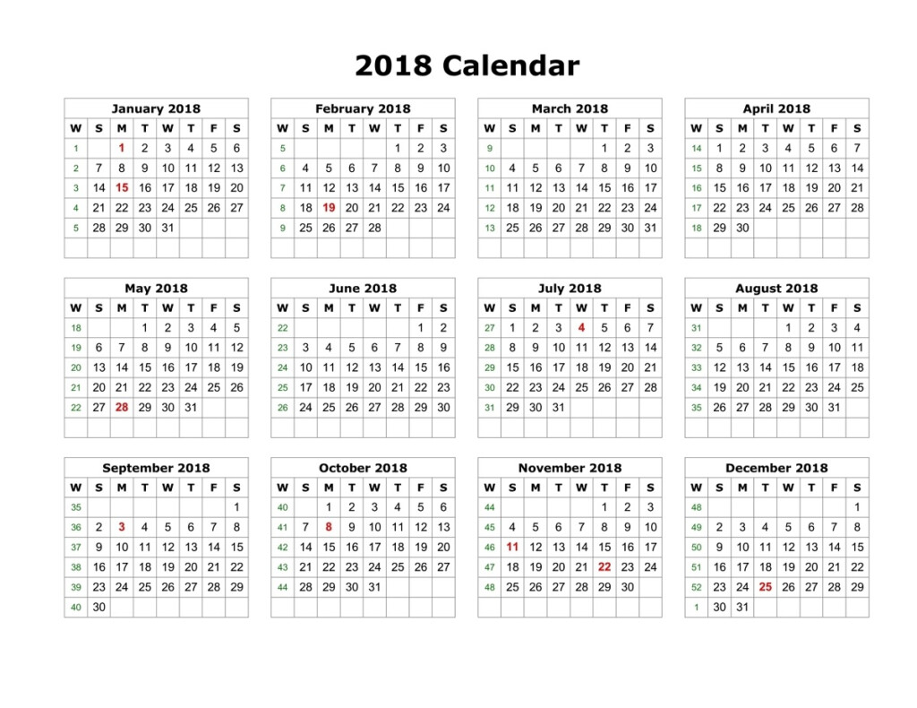 Yearly Calendar 2018 Printable Activity Shelter - 2018 Calendar With Numbered Weeks Printable