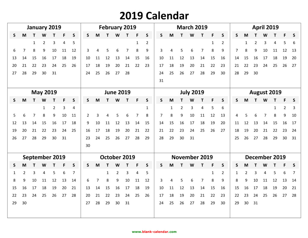 Yearly Calendar 2019 Free Download And Print - Blank Calendar 2019 No Week Numbers