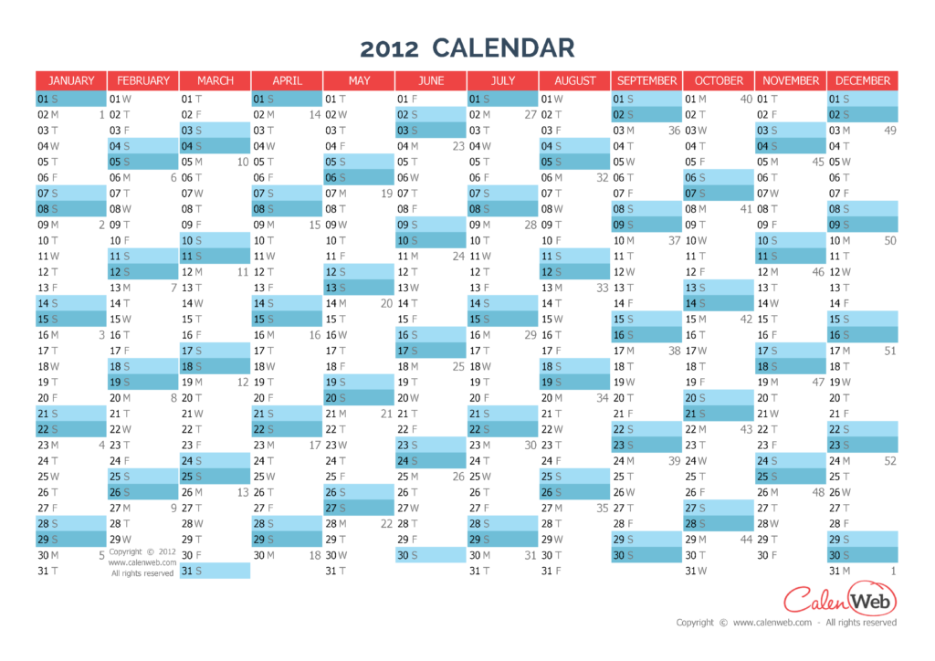 Yearly Calendar Year 2012 Yearly Horizontal Planning Calenweb - 2012 Yearly Calendar With Week Numbers